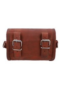 Borsa rettangolare in pelle marrone con due cinturini in metallo argentato sul retro e cuciture visibili lungo i bordi su sfondo bianco.