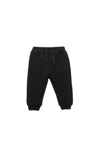 Sorte ribbede joggingbukser med elastisk talje, justerbar snor og sidelommer; tætsiddende manchetter ved anklerne for en komfortabel pasform.