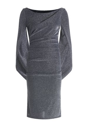 Sierlijke grijze jurk met lange, gepofte mouwen, een gedrapeerde halslijn en een glanzende, gestructureerde afwerking, ontworpen voor een nauwsluitende fit.