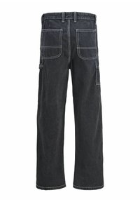 Μαύρο παντελόνι με φαρδιά μπατζάκια, μεγάλες πίσω τσέπες, λευκά ραφές, θηλιές ζώνης και πλαϊνή τσέπη εργαλείων σε λευκό φόντο.