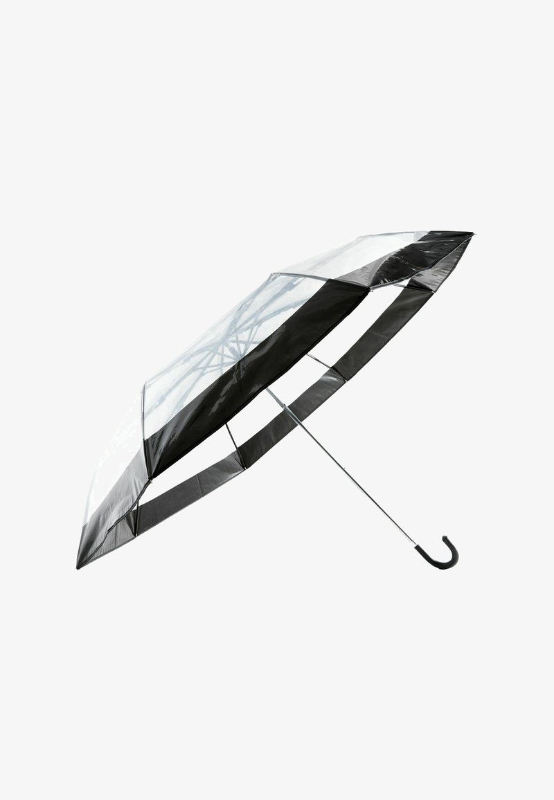 Parapluie transparent avec des bords et une poignée noirs. Il présente une forme de dôme, un cadre en métal robuste et une canopée translucide pour une bonne visibilité.
