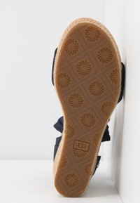 Semelle en caoutchouc marron avec motif floral et logo UGG sur une sandale bleu marine aux bords tissés, positionnée debout contre des surfaces blanches.