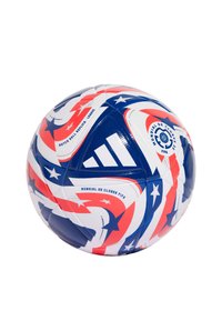 Pallone da calcio Adidas, bianco con accenti rossi e blu. Presenta motivi a stella e una superficie textured. Mostra i loghi FIFA e Mundial de Clubes.