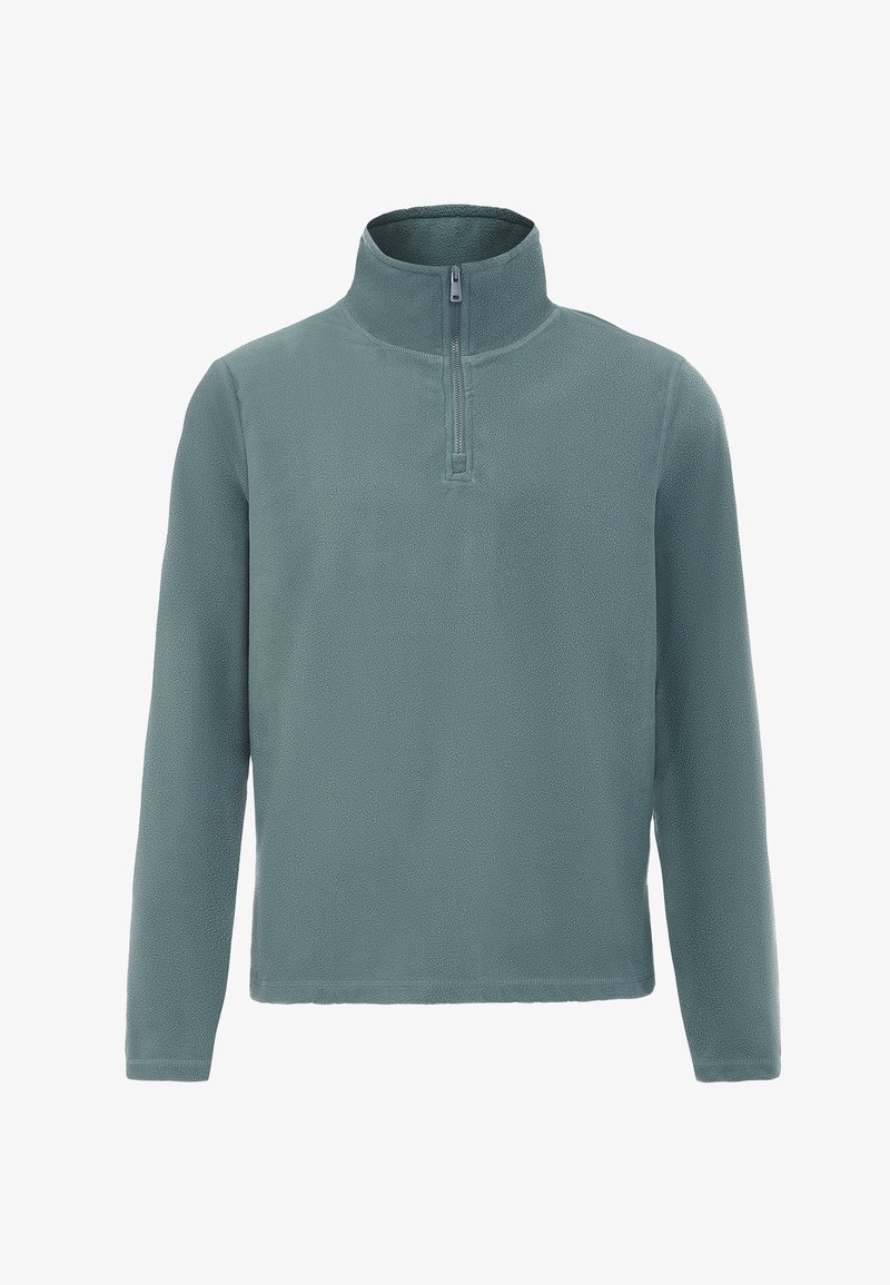 Fleece pullover i blød teal med halv lynlås foran, stående krave, lange ærmer og en børstet tekstur for varme.