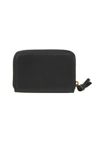 Portefeuille en cuir noir de forme rectangulaire, texture lisse, fermeture éclair et petit détail de gland en cuir sur le côté.