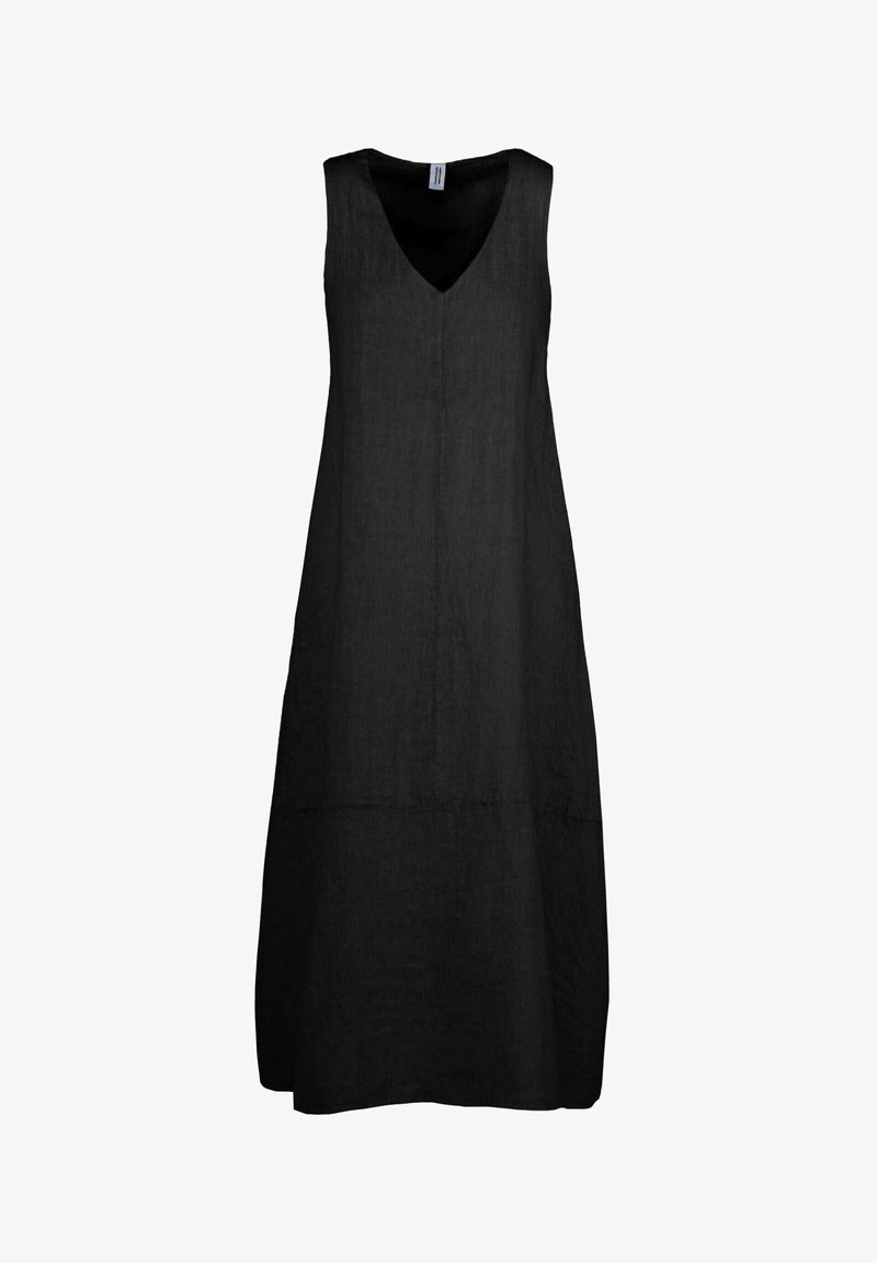 Vestito senza maniche in lino nero con scollatura a V, vestibilità comoda e lunghezza a metà con un delicato dettaglio di cucitura all'orlo.