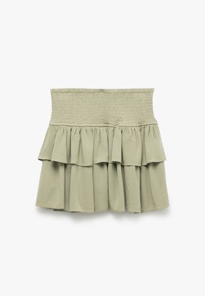 Falda mini con smock en verde pálido, con un diseño de volantes en capas, textura suave y cinturilla elástica.