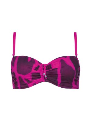 Wielokolorowy biustonosz bikini w fasonie bandeau w głębokim fioletowym i jasnym różowym kolorze z abstrakcyjnym wzorem, regulowane ramiączka i marszczona tekstura.