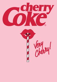 Reklama na Cherry Coke s odvážným červeným textem, grafikou červených rtů se pruhovaným brčkem a růžovým pozadím. Text zní "Velmi třešňová!"