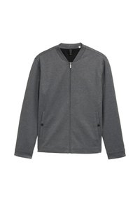 Szara kurtka na zamek z okrągłym kołnierzem, dwoma bocznymi kieszeniami i gładką fakturą. Charakteryzuje się minimalistycznym designem i dopasowanym krojem.