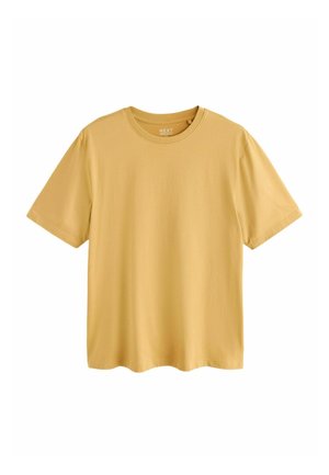 Schlichtes, kurzärmeliges T-Shirt in Senfgelb mit Rundhalsausschnitt, regulärer Passform, flach auf weißem Hintergrund präsentiert.