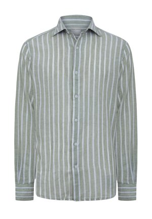 Zielona i biała koszula w pionowe paski na długi rękaw, zapinana na guziki, z kołnierzem i mankietami zapinanymi na guziki.