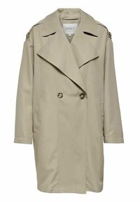 Beige Trenchcoat mit doppelter Knopfleiste, großen Revers und zwei seitlichen Taschen. Verfügt über Schulterklappen und lange Ärmel.