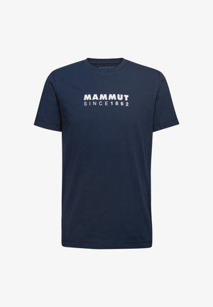 Granatowa koszulka z krótkim rękawem wykonana z bawełny, z białym nadrukowanym logo "MAMMUT SINCE 1862" z przodu. Model z okrągłym dekoltem.