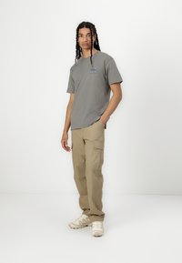 Graues Baumwoll-T-Shirt mit einem Grafikdesign auf der Brust, kombiniert mit beigen Cargo-Hosen und hellen Sneakers. Flacher Stand vor einem weißen Hintergrund.