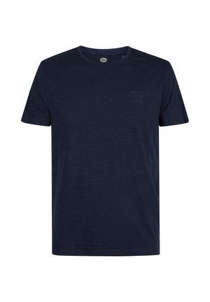T-shirt uni bleu marine foncé à manches courtes et col rond avec un petit logo subtil sur la poitrine gauche.