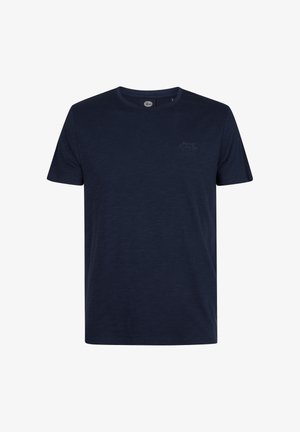 Effen donker marineblauw T-shirt met korte mouwen en ronde hals, met een subtiel klein logo op de linkerborst.