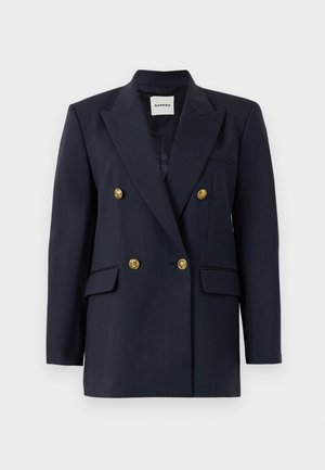 Blazer doppiopetto a righe navy con bottoni dorati, dotato di rever a punta, due tasche frontali e fodera liscia.