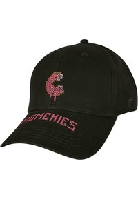 Fekete baseball sapka sokszínű, texturált 'C' logóval és rózsaszínű "MUNCHIES" felirattal az elején.