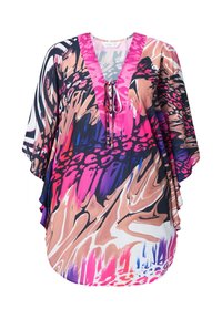 Kaftan multicolore in tessuto setoso con scollatura a V, dotato di chiusura con coulisse e motivi astratti nei toni del rosa, blu navy e pesco.