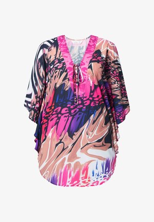 Multifarvet kaftan i et silkeblød materiale med V-hals, der har en snøre lukning og abstrakte mønstre i pink, marineblå og ferskenfarvede nuancer.