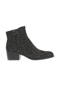 Bottines en suède noir avec un motif léopard discret, zip sur le côté, bout rond et un petit talon carré.