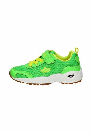 Bright green children's sneaker with yellow laces, mesh upper, velcro strap, white sole, and brown tread.