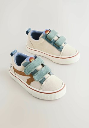 Lærredsneakers med en beige overdel, turkis velcro-stropper, brune accenter og et mønstret foer. Gummisål med en struktureret finish.