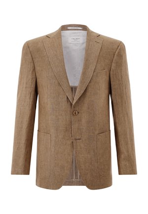 Herren-Einreiher-Blazer aus hellbraunem Leinen mit Kerbkragen, zwei Knöpfen, drei Vorderentaschen und weißem, gemustertem Innenfutter.