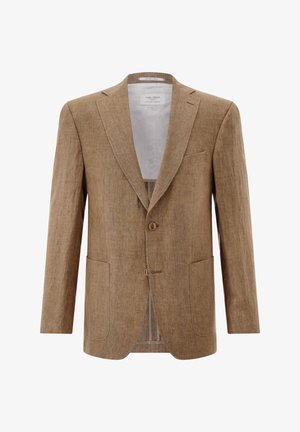 Herren-Einreiher-Blazer aus hellbraunem Leinen mit Kerbkragen, zwei Knöpfen, drei Vorderentaschen und weißem, gemustertem Innenfutter.