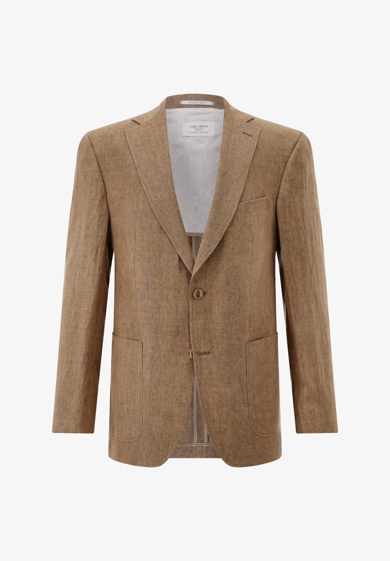 Herren-Einreiher-Blazer aus hellbraunem Leinen mit Kerbkragen, zwei Knöpfen, drei Vorderentaschen und weißem, gemustertem Innenfutter.