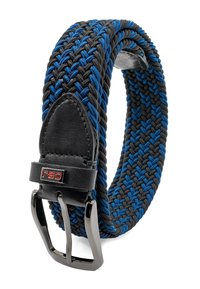 Zwarte en blauwe gevlochten elastische riem met zwarte leren accenten en een matte zilveren gesp. Bevat een rechthoekig gespontwerp.