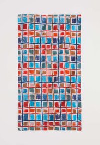 Bunt gemusteter Stoff mit einem Gitter aus Quadraten in Blau, Rot, Braun und Türkis-Tönen, das eine Aquarelltextur aufweist. Leichtes Material.