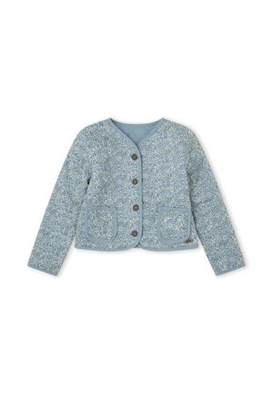 Chaqueta acolchada azul grisáceo con pequeño patrón floral, escote redondo, botones delanteros y dos bolsillos parche.