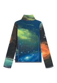 Langærmet jakke med et kosmisk print i mørkeblå, grøn og orange med krave. Inkluderer en stribet kant og diskret branding på ærmet.