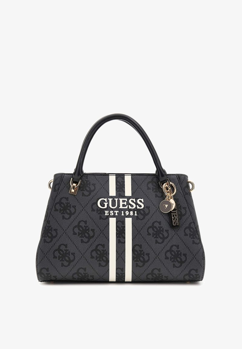 Black and white handbag with a structured shape, featuring a logo, contrast stripes, gold hardware, and a textured fabric design.