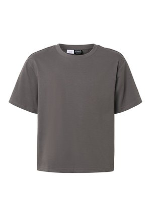 T-shirt à manches courtes gris foncé uni avec col rond et coupe décontractée, présenté sur fond blanc.