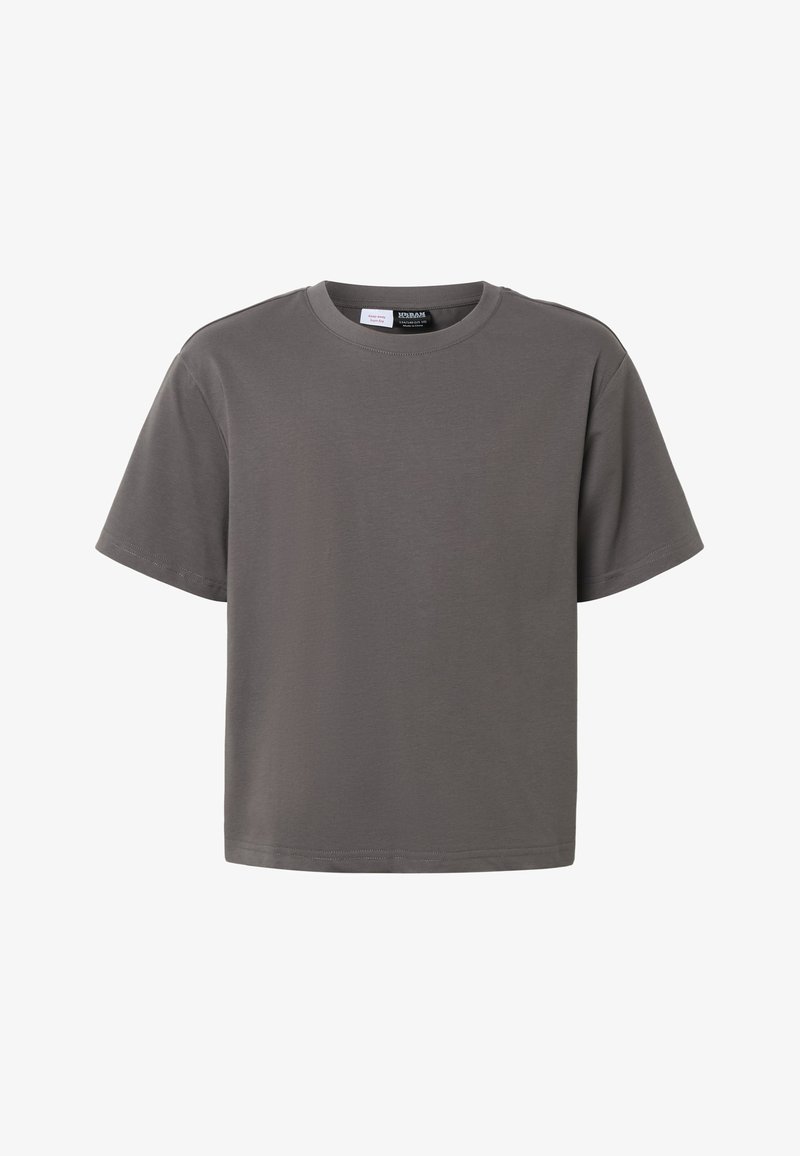 T-shirt à manches courtes gris foncé uni avec col rond et coupe décontractée, présenté sur fond blanc.