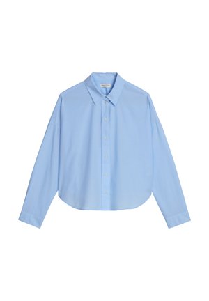 Lichtblauw overhemd met lange mouwen, knoopsluiting, een puntige kraag en een afgeronde zoom. Gemaakt van gladde stof en voorzien van een knoopsluiting aan de voorkant.