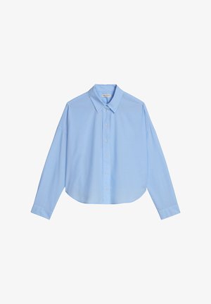 Lichtblauw overhemd met lange mouwen, knoopsluiting, een puntige kraag en een afgeronde zoom. Gemaakt van gladde stof en voorzien van een knoopsluiting aan de voorkant.