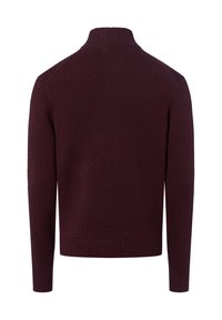 Bordeauxroter Strickpullover mit hohem Kragen, gerippten Bündchen und Saum, mit glatter Textur und klassischer Passform. Rückansicht gezeigt.