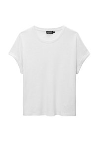 T-shirt blanc à manches courtes en coton doux, avec un col rond et des manches roulées, offrant une coupe décontractée et sans motifs visibles.