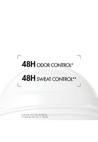 Biały cylindryczny korek produktu o gładkiej fakturze. Tekst informuje o 48-godzinnej kontroli zapachu i potu oraz zawiera notatki dotyczące testów klinicznych poniżej.