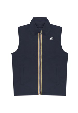 Gilet senza maniche blu navy con collo alto, cerniera centrale con bordo multicolore, due tasche frontali e piccolo logo bianco sul petto a sinistra.