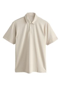 Camisa polo de manga corta beige con patrón de cruces blancas, tapeta de dos botones y suave cuello, colocada plana sobre un fondo blanco.