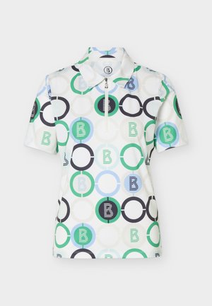 Biela polokošeľa s krátkym rukávom a golierom so zipsom, zdobená vzorom zelených, modrých a čiernych kruhov s pruhovanými písmenami "B" vo vnútri.
