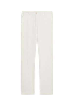 Beżowe spodnie o prostych nogawkach z szlufkami na pasek, z przodu zapinane na guzik i zamek błyskawiczny oraz z bocznymi kieszeniami, prezentowane płasko na białym tle.