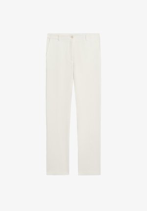 Off-white recht gesneden broek met riemlussen, voorste knoop, ritssluiting en zijzakken, plat weergegeven tegen een witte achtergrond.