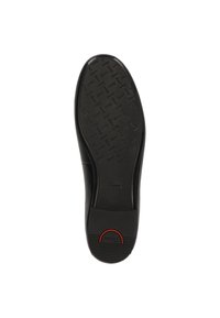 Black shoe sole with textured rubber for grip. Features a raised logo and a circular red accent near the heel. Smooth edges and contoured shape.