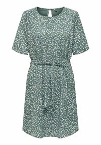 Abito a fiori verdi con maniche corte, scollatura tonda e cintura in vita. Il tessuto ha una finitura testurizzata con piccoli fiori bianchi e blu.